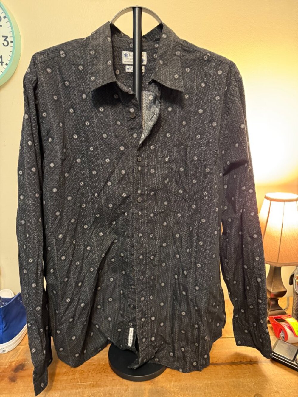 Lucky Brand Men’s XL Black Long Sleeve Shirt White Pattern Accents Button Down